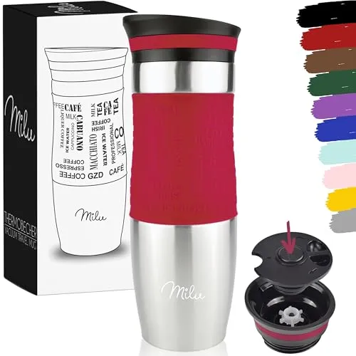 Milu Thermobecher Kaffee to go 370ml, 450ml Isolierbecher Kaffeebecher - 100% Auslaufsicher - Trinkbecher aus Edelstahl - Autobecher doppelwand Isolierung - Travel Mug (Rot, 450ml)