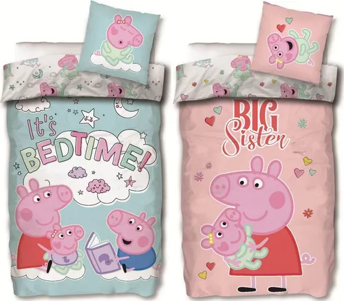 Peppa Pig Wutz 2 x Wende-Bettwäsche-Set für Kinder 135x200 - Bettwäsche-Set mit fröhlichen Peppa Pig Motiven, ideal für Kinderzimmer. Hergestellt aus 100% Baumwolle und pflegeleicht bei 60°C, sorgt es für angenehme Träume und ist ganzjährig nutzbar.