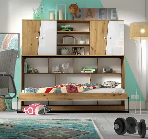 Jugendzimmer Set 2-teilig Schrankbett artisan eiche weiß Hochglanz