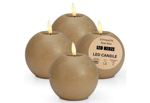 matches21 HOME & HOBBY LED-Kerze LED Kerze Kugeln 4er Set Wachs, Flackernde Flamme, Ø 10x9, Beige (4-tlg), Mit beweglicher Flamme & Timer für Adventskranz