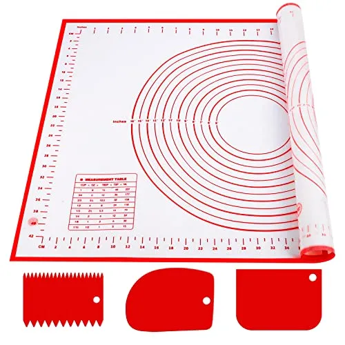 Silikon Backmatte 60 x 40 cm – Antihaft Teigmatte mit Messmarkierungen und 3 Teigschabern