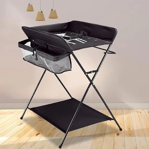 Wickeltisch Klappbar, Wickelkommode Wickelauflage mit Sicherheitsgurt, Wickelregal mit Wasserabweisender Ablagefläche mit Aufbewahrungskorb, Höhenverstellbare & Austauschbaren Rollen