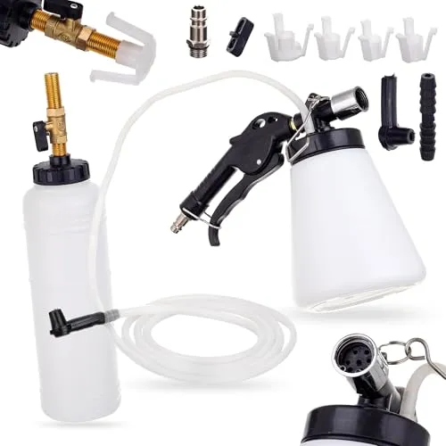 Druckluft Bremsenentlüfter für KFZ - Effizientes Bremsenentlüftungsgerät mit 2 m Schlauch und Universaldüse. Ideal zum Wechseln der Bremsflüssigkeit. Kompakt und leicht, mit einem Tankinhalt von 750 ml.