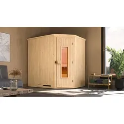 Weka Elementsauna Varberg 1 Sparset 4,5 kW OS Holztür - Massivholzsauna mit platzsparendem Eckeinstieg, einfacher Montage und energiesparender Isolierung für ein perfektes Saunaerlebnis in Ihrem Zuhause.