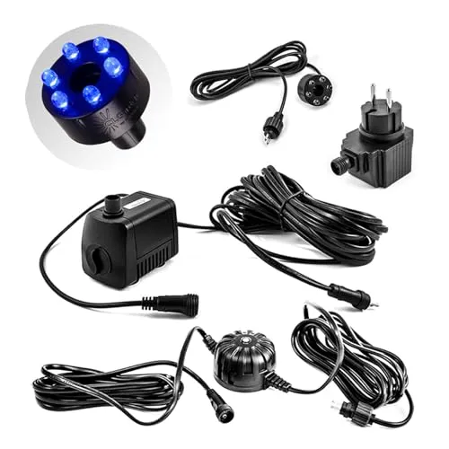 CLGarden Springbrunnen Pumpenset 500l/h mit LED Beleuchtung - Brunnenzubehör & Kaskadenzubehör mit 500l/h Pumpe, integrierter blauer LED-Beleuchtung und Lichtsensor für automatisches Ein- und Ausschalten. Ideal für DIY Gartenbrunnen und Wasserspiele.
