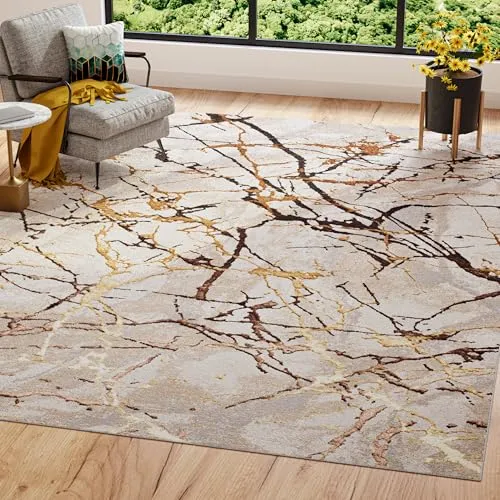 TAPISO Golden Teppich Wohnzimmer Kurzflor Schlafzimmer Luxuriös Creme Gold Braun Linien Abstrakt Meliert Verwischt Modern Design ÖKOTEX 80 x 150 cm