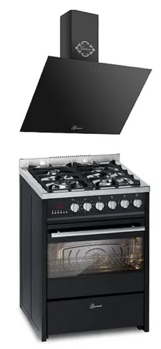 GURARI Gas-Standherd Gas Elektro Standherd 60 cm Erdgas, Fl.Gas 4 Kw WOK, 60 L+Dunstabzugshaube 60 cm, Schwarz, 1000m³/h GCH E 610 BL +GCH 286 BL 6 Prime., mit 1-fach-Teleskopauszug