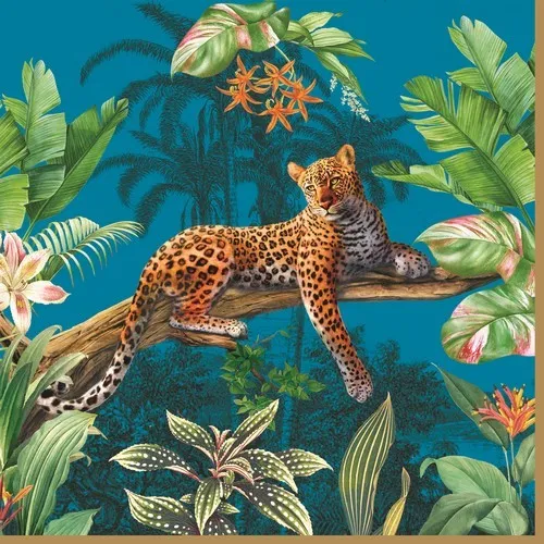 Servietten Serengeti Ausgeruht Leopard Tiere Dschungel Blumen türkis 33x33cm 20