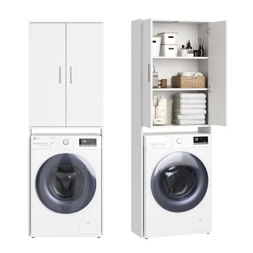 Home Collective Waschmaschinenschrank Badezimmerschrank Hochschrank für Bad Waschmaschinenregal platzsparender Stauraum & Aufbewahrung für Bad Keller und Hauswirtschaftsraum 65x30x187 (BxTxH) cm Weiß