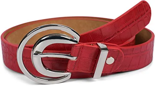 styleBREAKER Damen Gürtel Unifarben mit Oberfläche in Krokodilleder Optik und Halbmond förmiger Schließe, kürzbar 03010108, Farbe:Rot, Größe:100cm