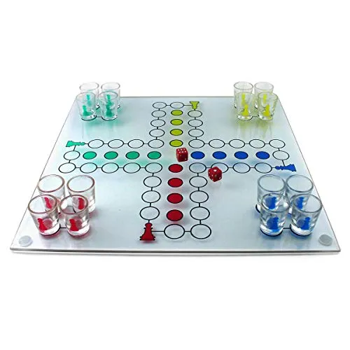 GOODS+GADGETS Drinking Brettspiel aus Glas Spiel Partyspiel für Erwachsene Saufspiel; Gesellschaftsspiel mit Würfel & Shotgläser lustiges Trinkspiel (Ludo)