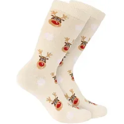 BRUBAKER Socken Weihnachtssocken für Damen und Herren (Rudolph, 1-Paar, 1 Paar) Festliche Weihnachtsmotive Rentiere - Baumwolle Socken Weihnachten beige EU 41-45