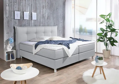 Boxspringbett MAINTAL, hellgrau 160x200 cm - Polsterbett mit Tonnentaschen-Federkernmatratze und abnehmbarem Kaltschaum-Topper, ideal für erholsamen Schlaf. Made in Germany, waschbar bis 60°C.