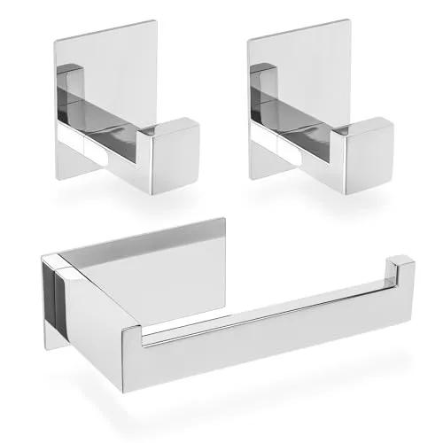 ECENCE 1x Toilettenpapierhalter + 2X Handtuchhaken ohne Bohren, Badezimmerset selbstklebend Chrom Badezimmeraccessoires - aus rostfreiem Edelstahl 304, Handtuchhalter + Klorollenhalter