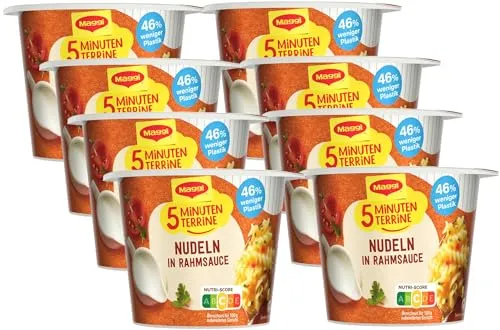 Maggi 5 Minuten Terrine Nudeln in Rahmsauce, leckeres Fertiggericht, Instant-Bandnudeln, mit sahnigem Rahm, 8er Pack (8 x 61g)