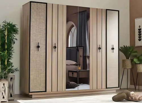 Holz Kleiderschrank Modern Beige 6 Türen - Moderner Kleiderschrank für Erwachsene mit 6 Türen und mehr als 8 Regalfächern. Ideal für eine stilvolle und funktionale Schlafzimmergestaltung. Maße: ca. 251 x 59 x 220,4 cm. Pflegeleicht und robust.