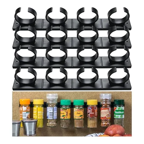 Gewürze Organizer zum Kleben, für bis 16 Gewürzdosen, Schwarz, für Gewürz-Streuer mit Ø 33 - 45 mm und max. 150 Gramm, Gewürz Halterung für Gewürzgläser, Schrankeinsatz Gewürzregal, Glashalter Schrank