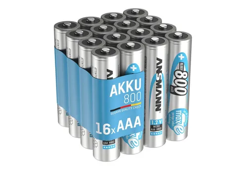 ANSMANN AG Akku Micro AAA 800 mAh 1,2V Ni-MH - 16 Stück - Kamera-Akkus mit geringer Selbstentladung und Schnellladefähigkeit, ideal für Geräte mit hohem Stromverbrauch wie Digitalkameras und Blitzgeräte.