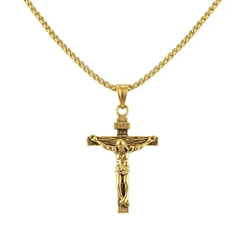 meberg Karma NHOP313504 Halskette mit Kreuz Gold Herren Edelstahl 54 cm Kette Herrenschmuck Edelstahlkette Männer Herrenhalskette Geschenk für Ihn Kreuzkette (Gold)
