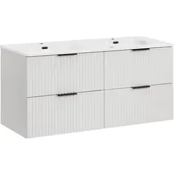 WFL GROUP Doppelwaschtisch-Unterschrank mit 2 Keramik-Waschbecken – Wandhängend, Soft-Close-Schubladen, Rillenfronten in Weiß Matt – 120 cm