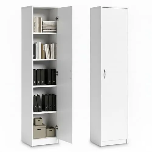 Bücherregal Kleiderschrank Regal weiß 40cm breit 180cm hoch - Kleiderschrank mit 4 verstellbaren Einlegeböden, ideal für vielseitige Nutzung im Büro, Flur oder Schlafzimmer, aus hochwertigem, langlebigem Holzwerkstoff gefertigt.