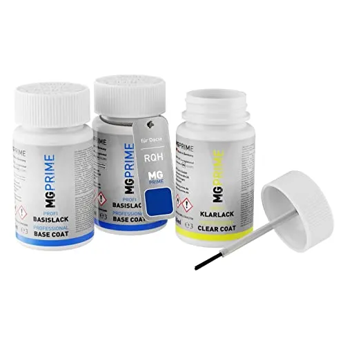 MG PRIME Autolack Lackstift Set für Dacia RQH Bleu Iron Metallic/Iron-Blau Metallic Grundlack Basislack Klarlack je 50ml