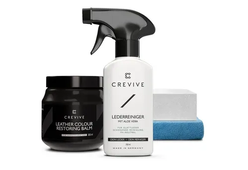 CREVIVE Lederpflegeset - 4-teiliges Set mit Lederbalsam und Reiniger - Autopflege & Motorradpflege - 300 ml Lederbalsam und 250 ml Lederreiniger mit Aloe Vera für intensive Pflege und Reparatur von Echtleder.