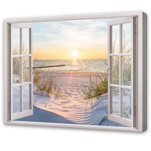 WallArena - Leinwand Bilder - Fensterbilck Strand Meer Natur Landschaft - 100x75 cm Leinwandbilder Bild auf leinwand Wandbild XXL groß Wandbilder für Wohnzimmer Schlafzimmer Wohnzimmerbilder Modern