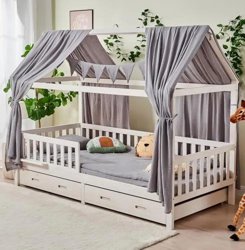 ALAVYA HOME® 3-TLG Hausbett Deko Set mit Betthimmel & Wimpelkette - Baby Betthimmel & Himmelstangen, aus 100% GOTS-zertifizierter Bio-Musselin Baumwolle, schafft eine gemütliche Schlafatmosphäre für Ihr Kinderzimmer.