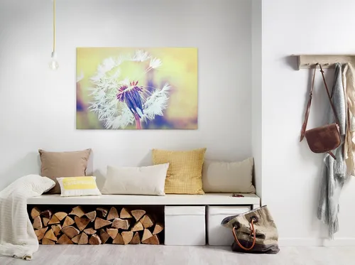 living walls Leinwandbild Pusteblume 90x60 cm - Bilder im impressionistischen Stil, filigrane Pusteblume in Nahaufnahme mit warmen Farbtönen für eine ruhige, naturverbundene Atmosphäre.
