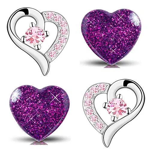 2x Mädchen Ohrringe aus echt 925 Sterling-Silber mit Zirkonia rosa kleine Kinder Ohrstecker Herz Edelstahl (K963+K296/ lila Glitzer Kristall)