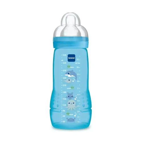 MAM, Easy Active Flasche 6+ Monate (330 ml), blau – Babyflasche mit Silikonsauger, ultraschneller X-Geschwindigkeit, Babyflasche mit luftdichtem Verschluss