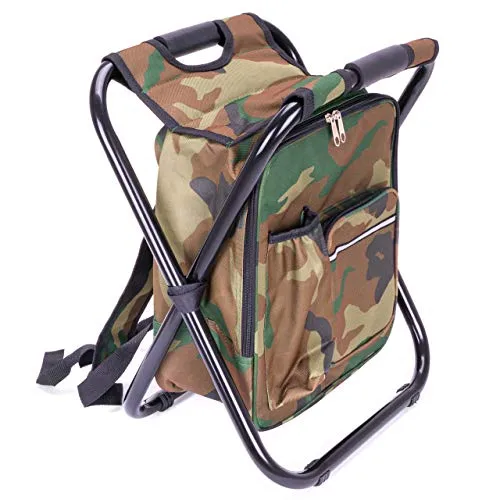 Nexos Trading Campinghocker mit Tasche camouflage, klappbar tragbar Sitzruckrack, Picknicktasche leicht stabil Angelhocker Rucksackstuhl 42x36x29 cm Kühltasche 1,8L Hocker