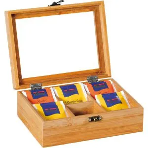 Kesper Teebox 58902, für Teebeutel, braun, aus Bambus, mit Sichtfenster und Klappdeckel, 21,7 x 16 x 9 cm, 6 Fächer