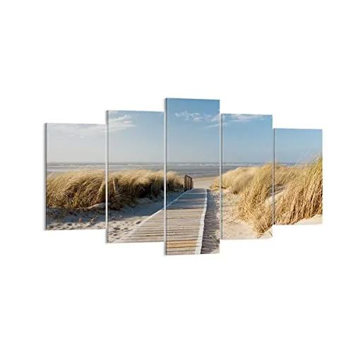 Wandbilder Dekoration Wohnzimmer Strand Meer Fußgängerbrücke Ufer Bilder auf Leinwand 160x85cm Leinwandbild Schlafzimmer Set 5 teilige Wand Kunstdruck Art Groß XXL Wanddeko Bild Canvas EA160x85-2657