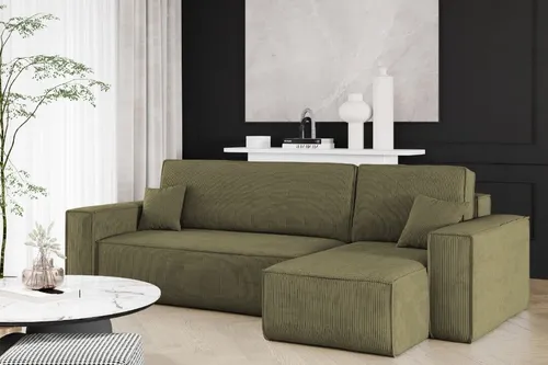 Kaiser Möbel Ecksofa BEST Dicker Cord Olive mit Schlaffunktion - Sofa L-Form mit komfortabler Schlaffunktion und praktischem Bettkasten, ideal für gesellige Abende und Übernachtungsgäste. Hochwertiger Cord-Stoff sorgt für Gemütlichkeit und Stil.