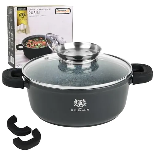 Granittopf 4,5L mit Antihaftbeschichtung und Aromaknopf - Hochwertiger Kochtopf mit 4,5L Kapazität, extrem kratzfester Antihaftbeschichtung und Aromadosierer im Glasdeckel für perfektes Kochen. Geeignet für alle Herdarten.