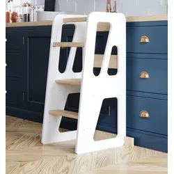 Lernturm für Baby & Kleinkinder - Sicherer Montessori Küchenhelfer aus Holz, Weiß - Kinderzimmermöbel mit innovativem Sicherheitssystem für unbesorgtes Lernen. Robuste Konstruktion, kippsicher und höhenverstellbar – ideal für kleine Entdecker!