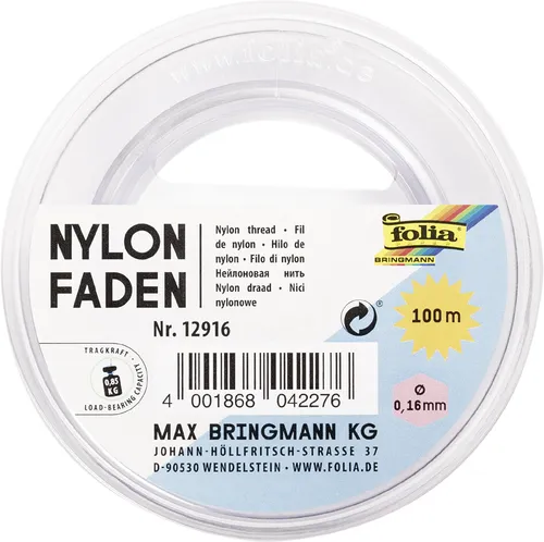 folia 12916 - Nylonfaden auf Spule, transparent 0,16 mm x 100 m, hohe Tragkraft von 0,85 kg für unsichtbare Dekorationen und Schmuck