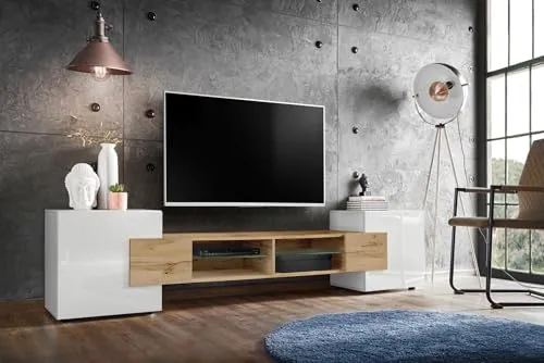 Komodee Merano TV Schrank, Weiß Wotan Weiß - TV-HALTERUNGEN: Geräumiger TV Schrank mit Platz für Fernseher und Soundsystem, aus langlebigen laminierten Spanplatten, ideal für Wohnzimmer und Schlafzimmer.