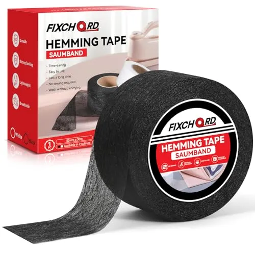 FIXCHORD Saumband, Saumband zum Aufbügeln, Bügelband zum Aufbügeln, Bügelband zum Kürzen für Vorhänge, Bügelkleber für Textilien, Gardinen kürzen ohne Nähen (Schwarz, 30m x 50mm)