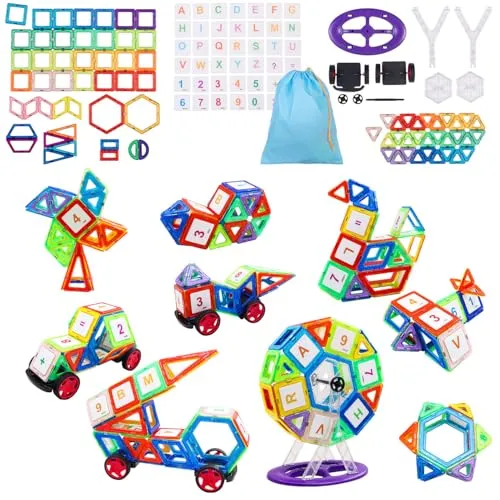 Playtastic Magnetspiel: 120 magnetische Bausteine, Verschiedene Formen (Magnet Stein, Lernspielzeuge Magnetbausteine)