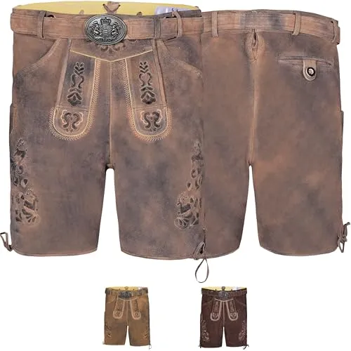 Trachtenlederhose Hans Herren Original 100% Nappa-Wildleder Trachtenhosen - Kurze Lederhosen mit Gürtel in Antikbraun - 54