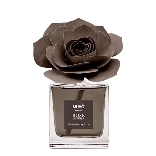 MUHA' | Raumduftspender Rosa Diffuser, Duft Vanille und Lakritz, Raumduftspender mit Rose aus Birkenholz, 100 ml Format.