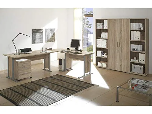 möbelando Büro-Set Clermont I Sonoma-Eiche - Vielseitige Bürokombination aus Spanplatte und Metall, inklusive Schreibtisch, Container und Regalwand – ideal für effizientes Arbeiten im Home Office.