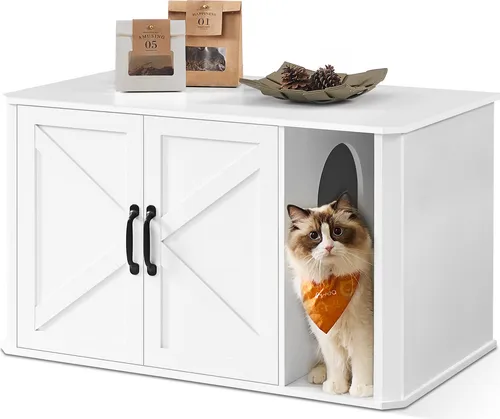 FEANDREA Katzenklo-Schrank mit Doppeltür - Elegantes Katzenhaus mit geschlossenem Design für weniger Unordnung. Robuste Holzspanplatte, einfach zu reinigen und ideal für Ihre Einrichtung.