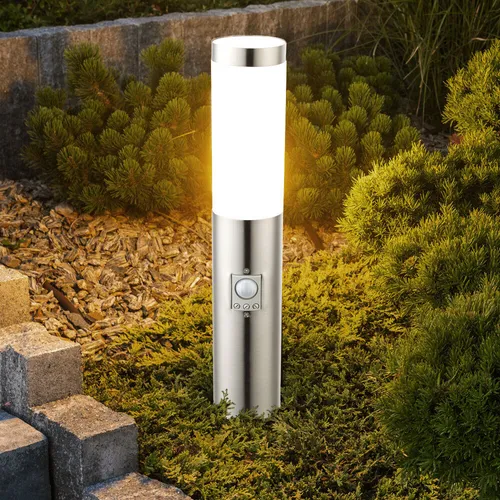 Edelstahl Außenleuchte mit Bewegungsmelder, 1x LED 8W - Hochwertige Sockelleuchte für den Außenbereich, IP44 geschützt, mit integriertem Bewegungsmelder für bis zu 9m Reichweite und warmweißem Licht (3000K), ideal für Sicherheit und Ambiente im Garten.