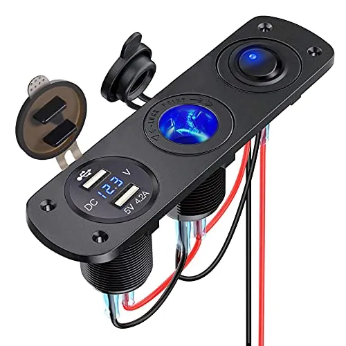 Thlevel USB Car Charger Socket Panel mit Zigarettenanzünder LED Voltmeter und Unabhängigem Schalter für 12V bis 24V Fahrzeuge Boat Truck Caravan