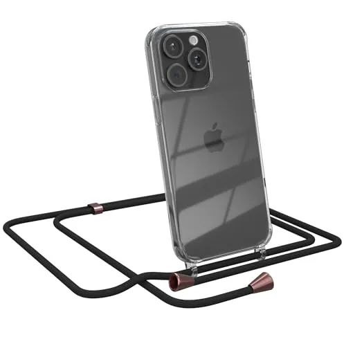 EAZY CASE Handykette kompatibel mit iPhone 15 Pro Max Handyhülle mit Umhängeband, Handykordel mit Schutzhülle, Silikonhülle, Hülle mit Band, Stylische Kette für Smartphones, Schwarz - Clips Rosé