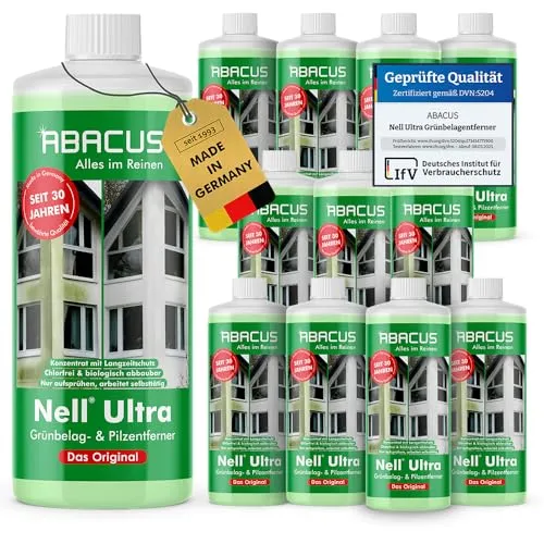 ABACUS® Nell Ultra Grünbelagentferner & Algenentferner Konzentrat, 12x 1000 ml – Effektive Reinigung ohne Schrubben! - Entfernt selbsttätig Grünbelag und Algen von Terrassen, Dächern und Fassaden. Hochwirksam und ergiebig – ideal für alle wasserfesten Oberflächen. Genießen Sie eine mühelose Reinigung!